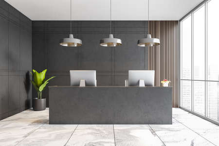 Gray reception room front view with desk, two computers and a plant in the corner. Office business entrance hall near big windows with city view. Dark gray walls and tiled floor 3D renderingの写真素材