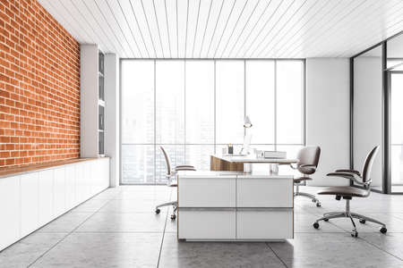 White office lobby consulting room with laptop on the table and three leather chairs, brick wall with large windows on city skyscrapers. Business office room for clients, 3D renderingの写真素材