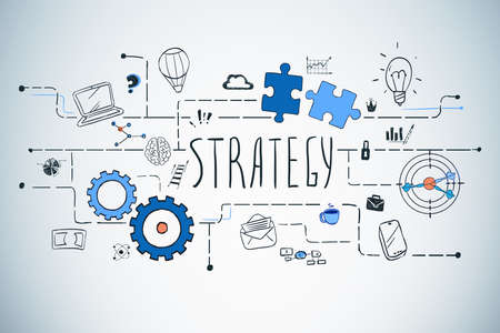 Bright and creative business strategy sketch drawn on concrete wall. Concept of planning and developmentの写真素材