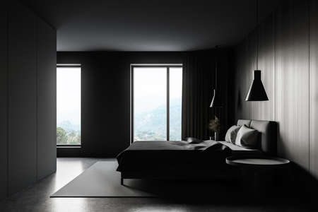 Side view of stylish master bedroom with gray and wooden walls, cocnrete floor and comfortable king size bed. 3d renderingの写真素材