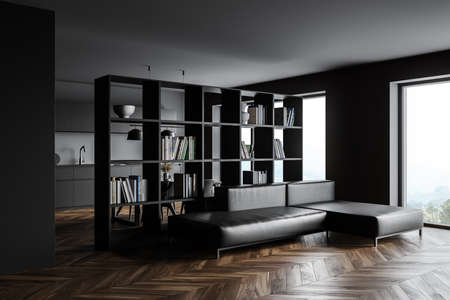 Corner of stylish living room with gray and wooden walls, wooden floor, sofa and bookcase. 3d...