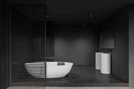 Interior of stylish bathroom with wooden and gray walls, concrete floor, double sink and comfortable bathtub. 3d renderingの写真素材