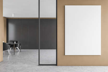 Interior of modern dining room with beige and gray walls, wooden floor, table and vertical mock up poster. 3d renderingの写真素材