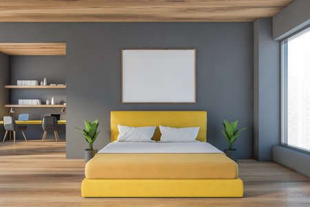 Mockup blank frame in bedroom with wooden and gray design, big yellow with linens and plants near...