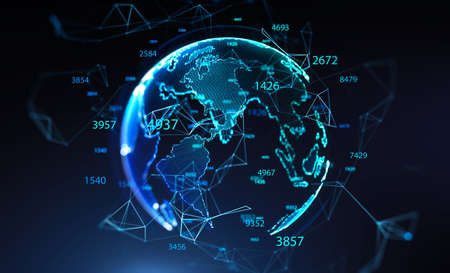 Financial graphs and planet hologram over dark blue background. Concept of stock market. 3d...