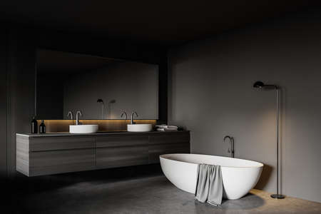 Corner of stylish bathroom with gray and wooden walls, concrete floor, double sink and bathtub. 3d renderingの写真素材