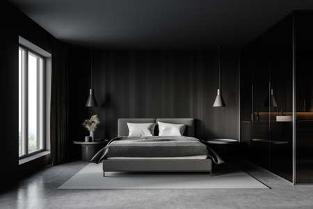 Interior of stylish master bedroom with gray and wooden walls, cocnrete floor and comfortable king size bed. 3d renderingの写真素材