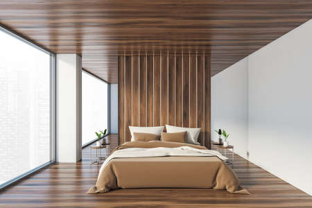 Front view of minimalistic master bedroom with white and wooden walls, wooden floor and comfortable king size bed. 3d renderingの写真素材