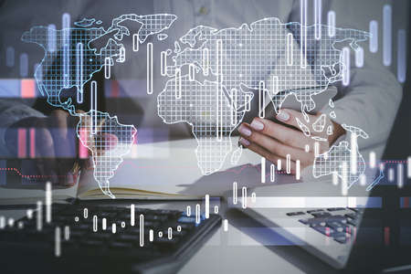 Hands of businesswoman using smartphone in blurry office with double exposure of immersive business...