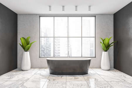 Big gray bathtub on tiled floor with big plants near window. Gray and white minimalist design of modern bathroom in apartment, skyscrapers city view, 3D rendering no peopleの写真素材