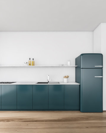 Blue kitchen set with sink and appliances, wooden floor and white wall. Minimalist design of kitchen...
