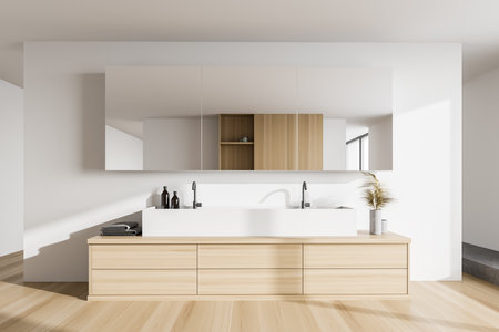 Interior of modern bathroom with white walls, wooden floor and double sink with big mirror. 3d renderingの写真素材