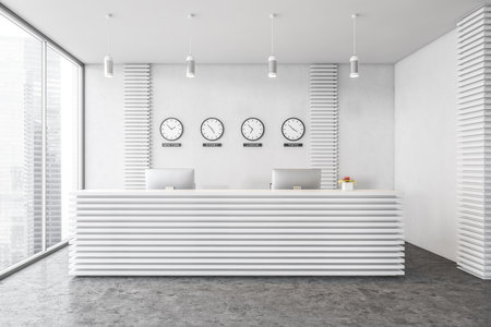 Interior of modern office with white walls, concrete floor, reception desk and clocks. 3d renderingの写真素材