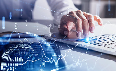 Hands of businesswoman using calculator in blurry office with double exposure of planet hologram and...