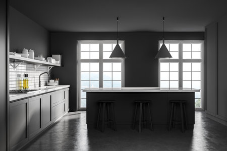 Side view of modern kitchen with white and gray walls, concrete floor, gray cupboards and bar. 3d renderingの写真素材