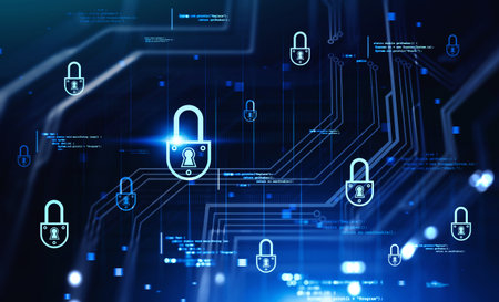 Futuristic cyber security interface over blurry dark blue background. Concept of data protection. 3d...