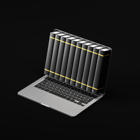 Modern laptop with online books library over dark background. Concept of knowledge and education. 3d renderingの写真素材