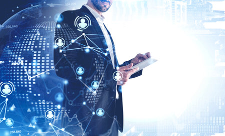 Young businesswoman standing with tablet in blurry city with double exposure of planet hologram and...