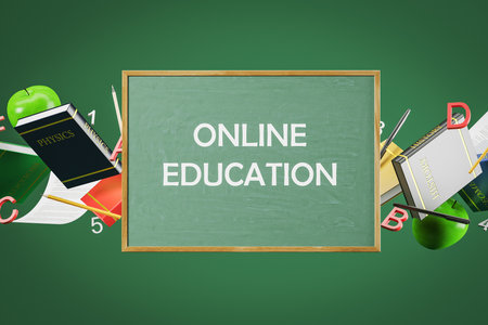 Words online education written on blackboard with books around it. Concept of e learning. 3d renderingの写真素材