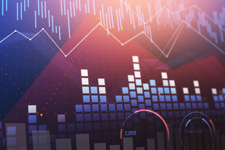 Futufistic financial graph interface with bright cyan numbers over blue and red background. Stock...