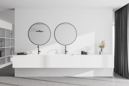 Interior of modern bathroom with white walls, concrete floor and double sink with round mirrors. Bookcase in the background. 3d renderingの写真素材