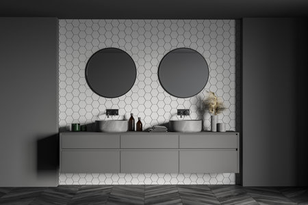 Interior of modern bathroom with white and gray walls, concrete floor and double sink with round mirrors. 3d renderingの写真素材