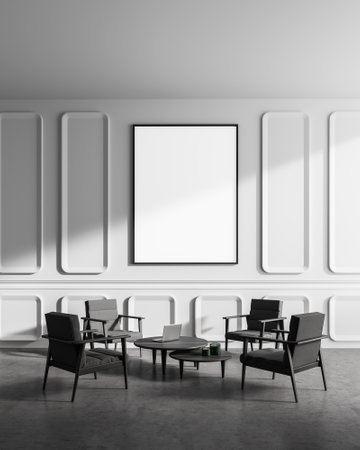 Interior of minimalistic living room or office lounge area with white walls, concrete floor, dark gray armchairs and round coffee tables. Vertical mock up poster. 3d renderingの写真素材