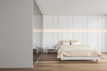 Mockup copy space in beige and wooden bedroom, white bed with pillows and linens. Minimalist sleeping room with wardrobe and parquet floor, 3D rendering no peopleの写真素材