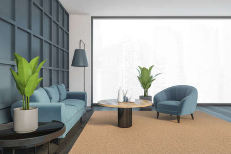 Blue and white living room with sofa and armchair on carpet, side view, hardwood parquet floor....