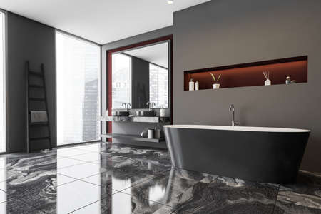 Dark gray bathroom interior with a marble floor, panoramic windows, gray bathtub. Double sink....