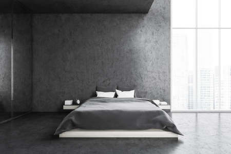 Gray bedroom, bed with white pillows and gray linens. Mirror wardrobe and gray wall, marble floor, front view. Window with city view, 3D rendering no peopleの写真素材
