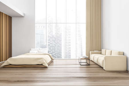 Beige and wooden bedroom, bed with white pillows and linens, sofa on parquet floor near window with city view, front view. 3D rendering no peopleの写真素材