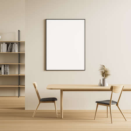 Dining room interior with a wooden floor, a table with chairs and a framed vertical poster above it....