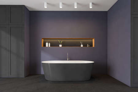 Modern bathroom interior with dark concrete walls, gray floor, white bathtub. Cozy home. 3d renderingの写真素材