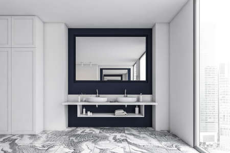 Concrete white and blue bathroom interior with a gray marble floor, a double sink and a loft window city view. 3d renderingの写真素材