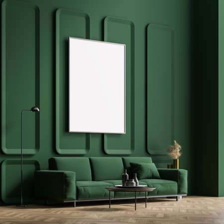 Mock up poster in the interior of the living room with a green wall and sofa. wooden parquet. 3d renderingの写真素材