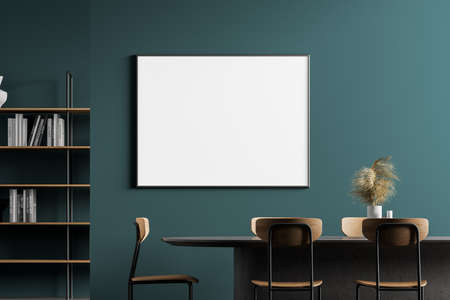 Dining room interior, table with chairs and a framed horizontal poster above it. 3d rendering mock...