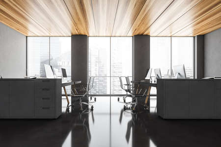 Coworking office interior with panoramic city view, furniture and equipment. Workplace and lifestyle...