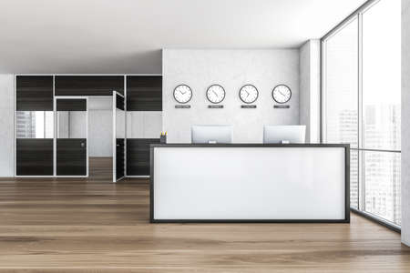 Empty office, white reception at white wall, four clocks on it. Panoramic window on right, meeting room behind. Concept of reception. 3D renderingの写真素材
