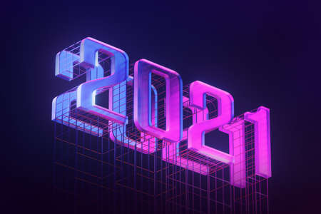 Colorful neon banner 2021 banner on dark blue background. Realistic pink and blue neon billboard with gradient effect, 3D rendering no peopleの写真素材