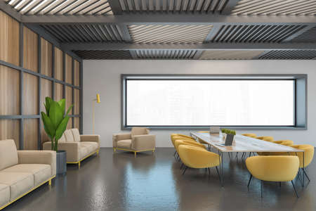 Black and wooden conference room with yellow armchairs, sofa, long table, side view, on black floor....