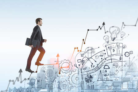 Business man go walk making step, businessman wear elegant black suit going up the stairs over ideas...
