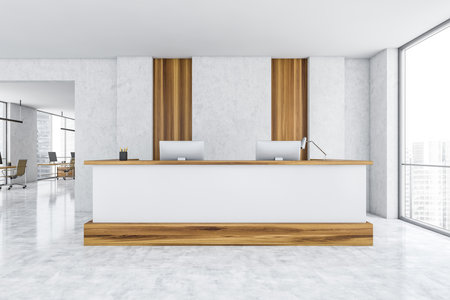 White and wooden reception room in business office center, office desk with computers on marble floor. Minimalist light entrance room, 3D rendering no peopleの写真素材