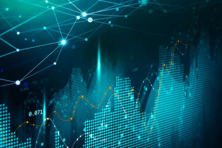 Concept of stock market and fintech forex concept. Blurry blue digital charts over dark blue...