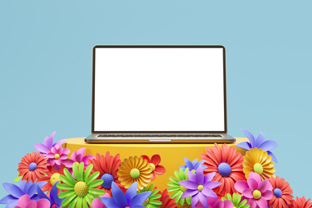 Mockup copy space in laptop on a stand with flowers on blue background. White screen on laptop on...
