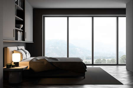 Dark gray bedroom with bed and linens on carpet and bookshelf, near window, side view. Gray modern minimalist bedroom with parquet floor, 3D rendering no peopleの写真素材