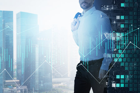 Businessman holding his jaket. Financial charts as a symbol of upcoming meetings about stock market business. Financial services concept in Asia region, Singapore. double exposure.の写真素材