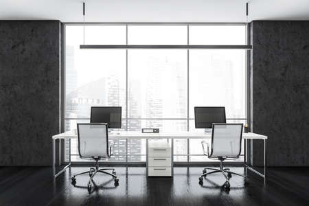Black business office room with wooden tables and computers, white chairs on parquet floor. Manager open space room with furniture near window, 3D rendering no peopleの写真素材