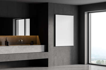 Mockup canvas frame in dark gray bathroom with sink and mirror, side view. Minimalist dark gray design of modern marble floor bathroom 3D rendering, no peopleの写真素材