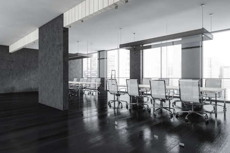 Black conference room with white armchairs and wooden table. Office minimalist furniture behind glass doors, side view, near window in business office, 3D rendering no peopleの写真素材